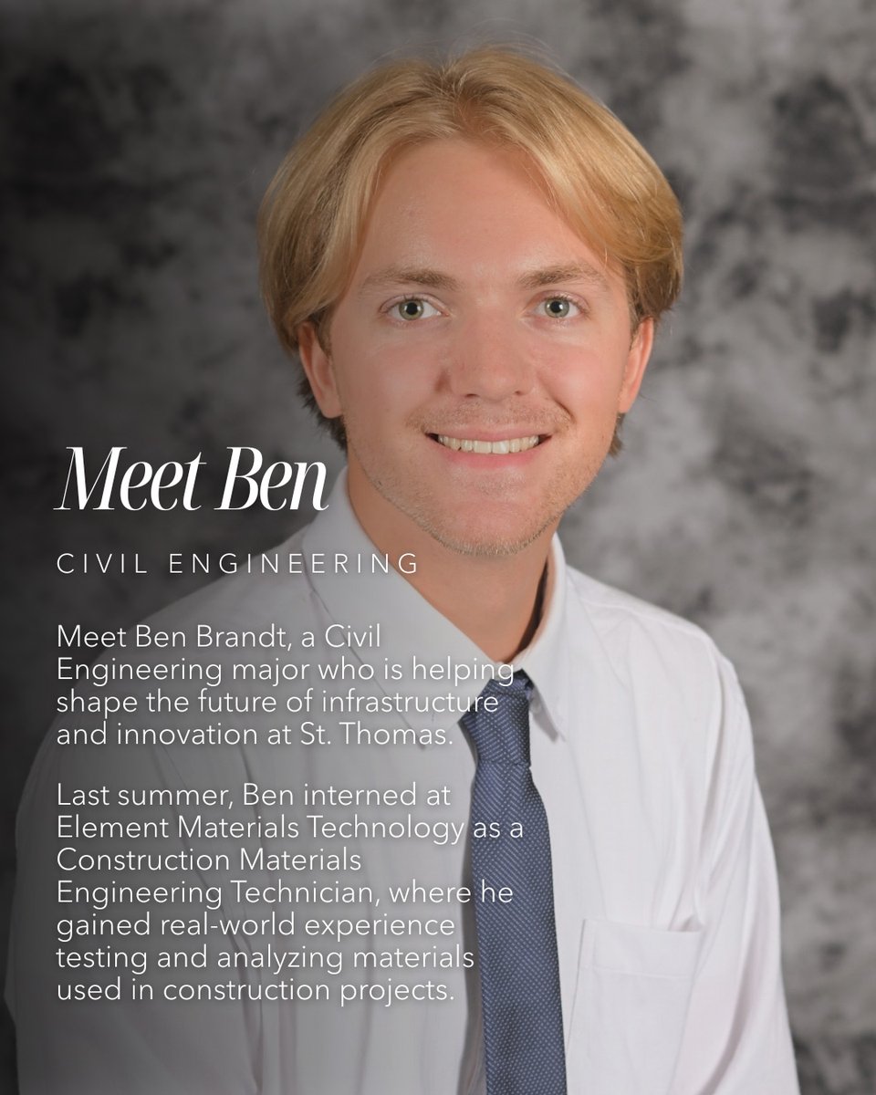 UST_Engineering's tweet image. Meet Ben Brandt ’26, Civil Engineering major at @UofStThomasMN @UST_Engineering ! 
Co-captain of the St. Thomas Concrete Canoe Team and researcher studying bridge steel corrosion, Ben is shaping the future of safer, stronger infrastructure.
#TommieEngineers #CivilEngineering