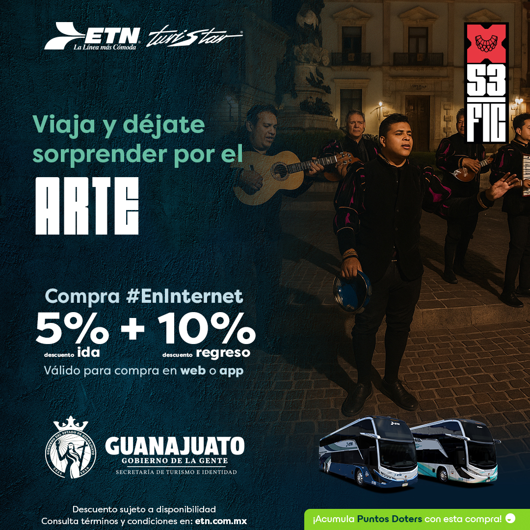 ETNTURISTAR's tweet photo. 🎭 ¡Últimos días para disfrutar el Cervantino!
Viaja cómodo y seguro con ETN Turistar, compra tus boletos de autobús #EnInternet y aprovecha el descuento en tu viaje redondo.
Estado de Guanajuato, México

Planea tu viaje, consulta horarios y tarifas en https://t.co/bIriZQDjxG o en la App ETN. 📲