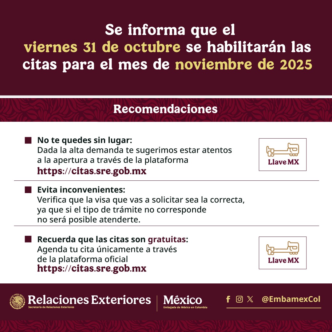 EmbaMexCol's tweet photo. ¡INFORMACIÓN IMPORTANTE!
📢El viernes 31 de octubre se habilitarán las citas para todo el mes de noviembre.
Recuerda que agendar una cita en el Consulado de #EmbamexCol 🇲🇽🇨🇴 es totalmente GRATIS. https://t.co/g6aCdsJG7d