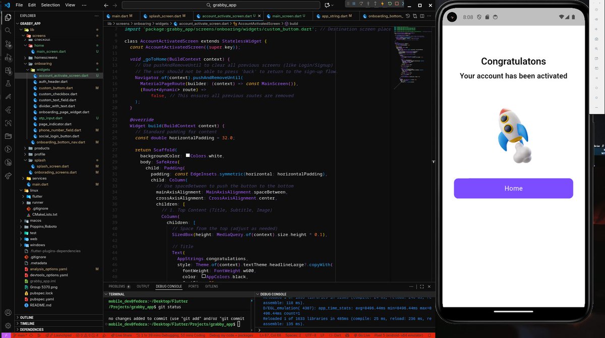 dev_useee's tweet image. One step at a time, one feature at a time that’s how apps are born.🚀i am building Grabby an e-commer ce app with cool and lot of features. i hve implement the logic of the auth screens and add two more screens , will start working on the main screen tonight. bult with #Flutter