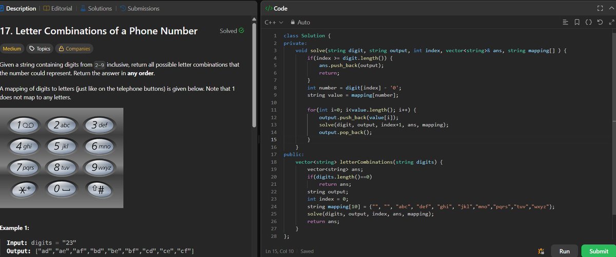 ANNISH_SEN's tweet image. Day 35 of my #LeetCode75
Problem:Letter Combinations of a Phone Number (LeetCode17) 
Key Idea:
Each digit maps to letters.
Use recursion and backtracking to explore every possible letter combination
Approach:Backtracking
#100DaysOfCode #LeetCode #DSA #CodingJourney #CodeNewbie