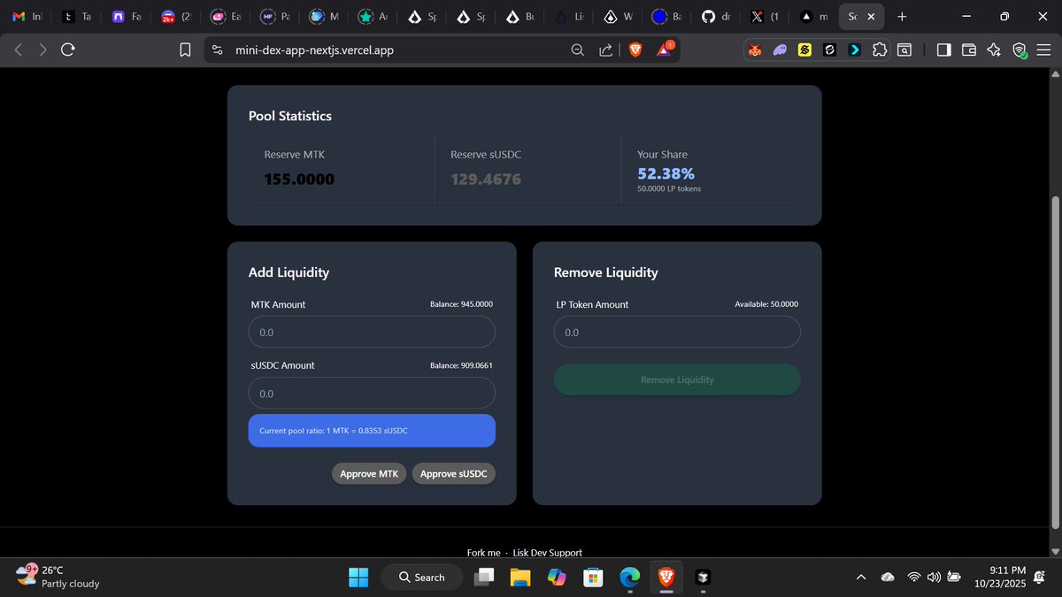 dmystical_coder's tweet image. Just completed @LiskSEA #SpeedrunLiskSEA #W6 challenge!  
The goal was to build a decentralized exchange (DEX) from scratch with an Automated Market Maker (AMM) where users can swap tokens and provide liquidity.
Check it out: mini-dex-app-nextjs.vercel.app