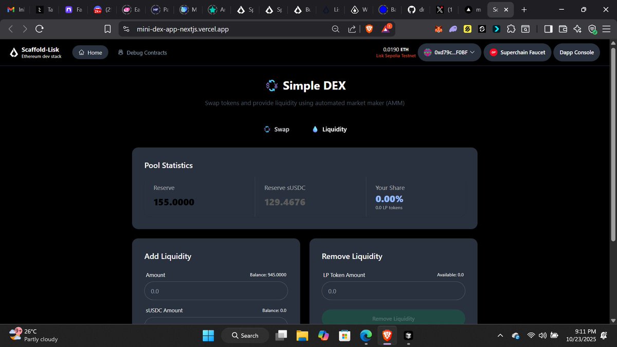 dmystical_coder's tweet image. Just completed @LiskSEA #SpeedrunLiskSEA #W6 challenge!  
The goal was to build a decentralized exchange (DEX) from scratch with an Automated Market Maker (AMM) where users can swap tokens and provide liquidity.
Check it out: mini-dex-app-nextjs.vercel.app