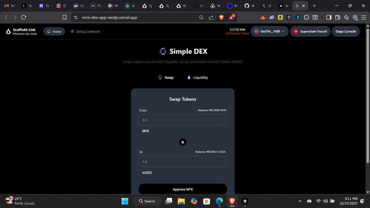 dmystical_coder's tweet image. Just completed @LiskSEA #SpeedrunLiskSEA #W6 challenge!  
The goal was to build a decentralized exchange (DEX) from scratch with an Automated Market Maker (AMM) where users can swap tokens and provide liquidity.
Check it out: mini-dex-app-nextjs.vercel.app