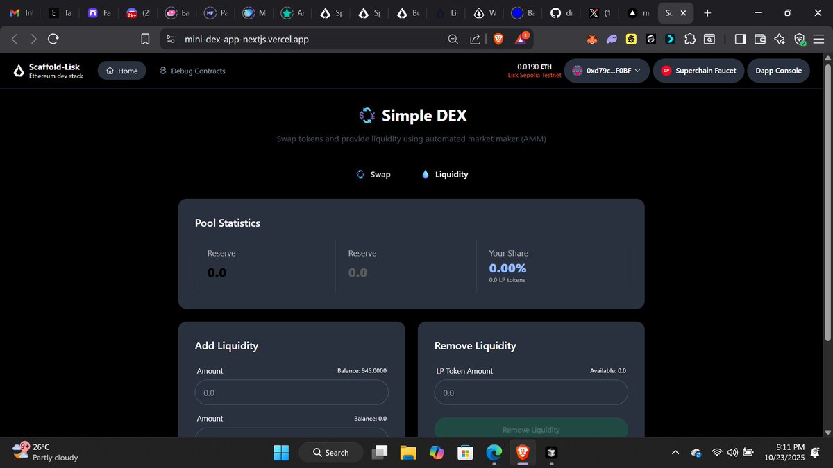 dmystical_coder's tweet image. Just completed @LiskSEA #SpeedrunLiskSEA #W6 challenge!  
The goal was to build a decentralized exchange (DEX) from scratch with an Automated Market Maker (AMM) where users can swap tokens and provide liquidity.
Check it out: mini-dex-app-nextjs.vercel.app