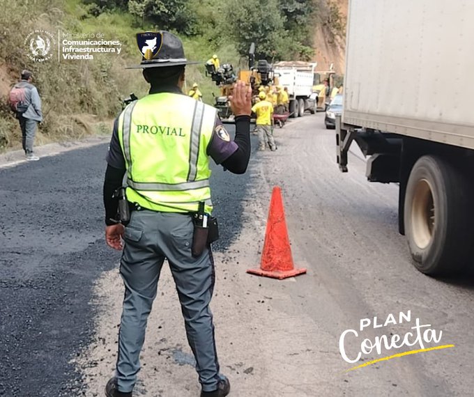 First image displays a worker in a yellow safety vest and black helmet standing on a paved road in a hilly area with greenery directing traffic using hand signals toward a line of stopped trucks and vehicles including a white truck and yellow cars with orange traffic cones placed nearby and Provial logo on the vest and text Plan Conecta at the bottom. Second image shows another worker in green pants yellow vest and helmet gesturing on a road under construction with yellow and black machinery like a roller compactor and excavator operating nearby amid stopped white trucks and orange cones with Plan Conecta text visible.