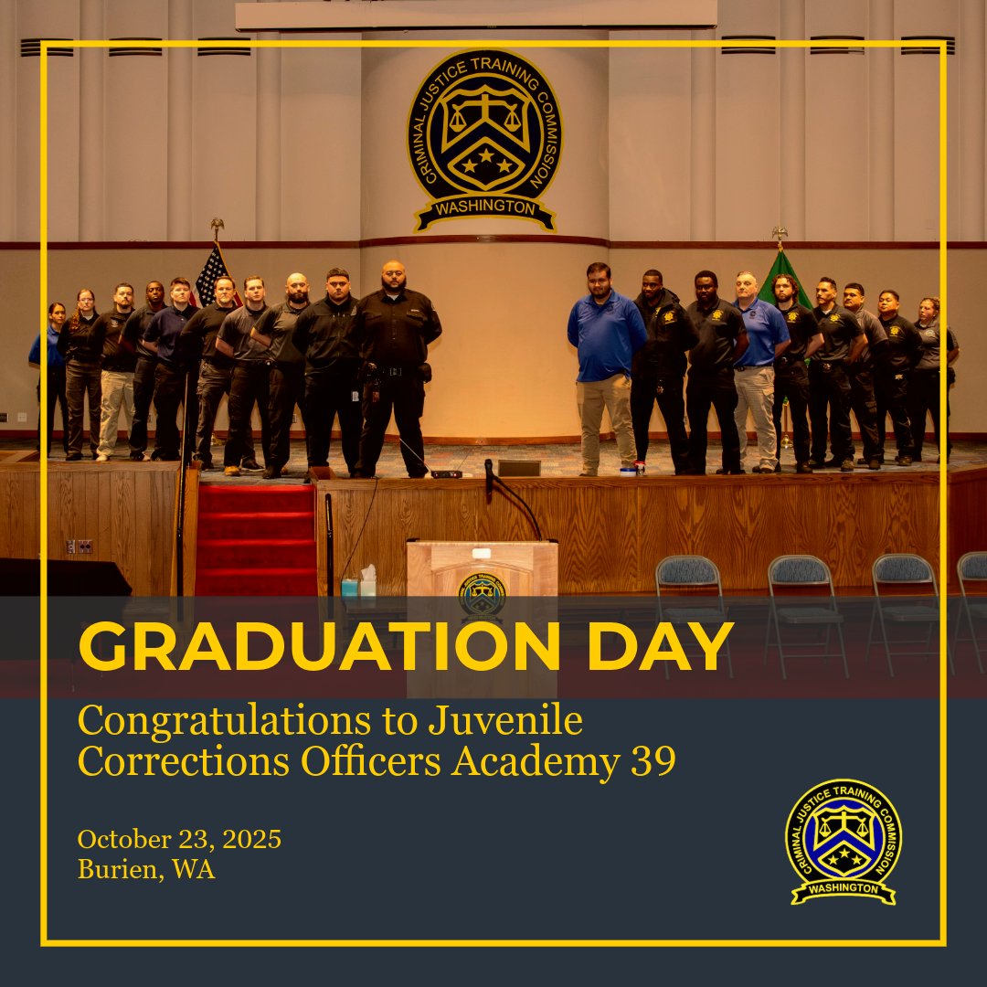 WSCJTC's tweet image. 🎓 Congrats to JCOA Class 39!
These graduates completed 80 hours of specialized training to prepare for service in Washington’s juvenile rehabilitation system.
👏 Thank you for your commitment to public safety and youth support.
#WSCJTC #JCOA #GraduationDay
