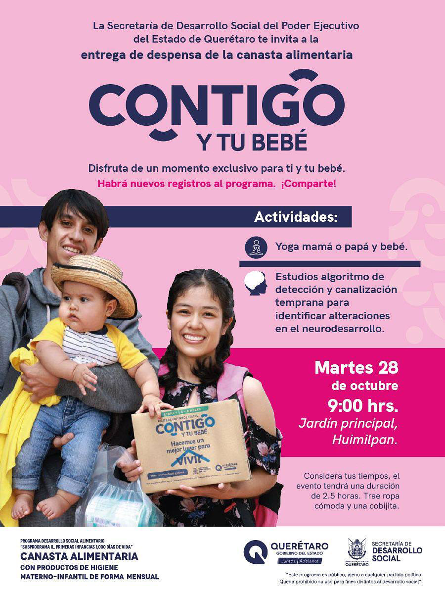 Si eres de Huimilpan, esto te interesa 💜

Este martes 28 de octubre, en el Jardín Principal de Huimilpan, te esperamos desde las 9:00 a.m. para vivir una experiencia de “Contigo y tu bebé”.

Consulta los requisitos en: queretaro.gob.mx/es/web/sedesoq…

#CONTIGO #QroNosMueve
