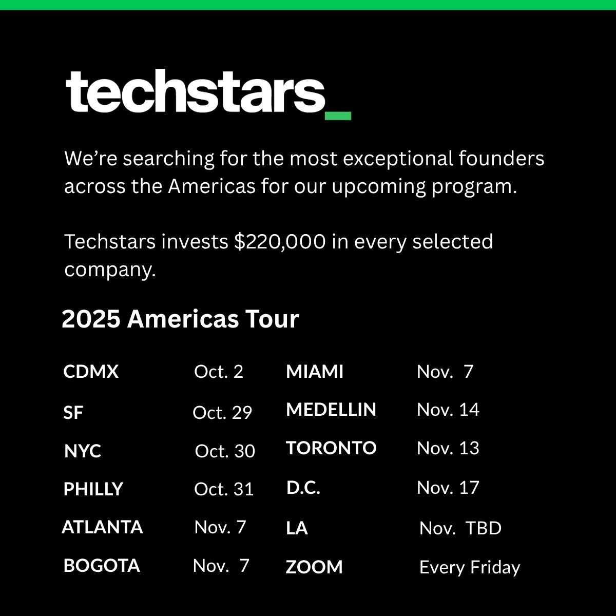 Techstars's tweet image. We’re hitting the road! The Techstars 2025 Americas Tour is here and we’re coming to meet the most ambitious founders.
These invite-only sessions are built to help you:
💸 Accelerate your fundraising round
⭐ Master your Techstars application
🧠 Get 1:1 time with our investment…