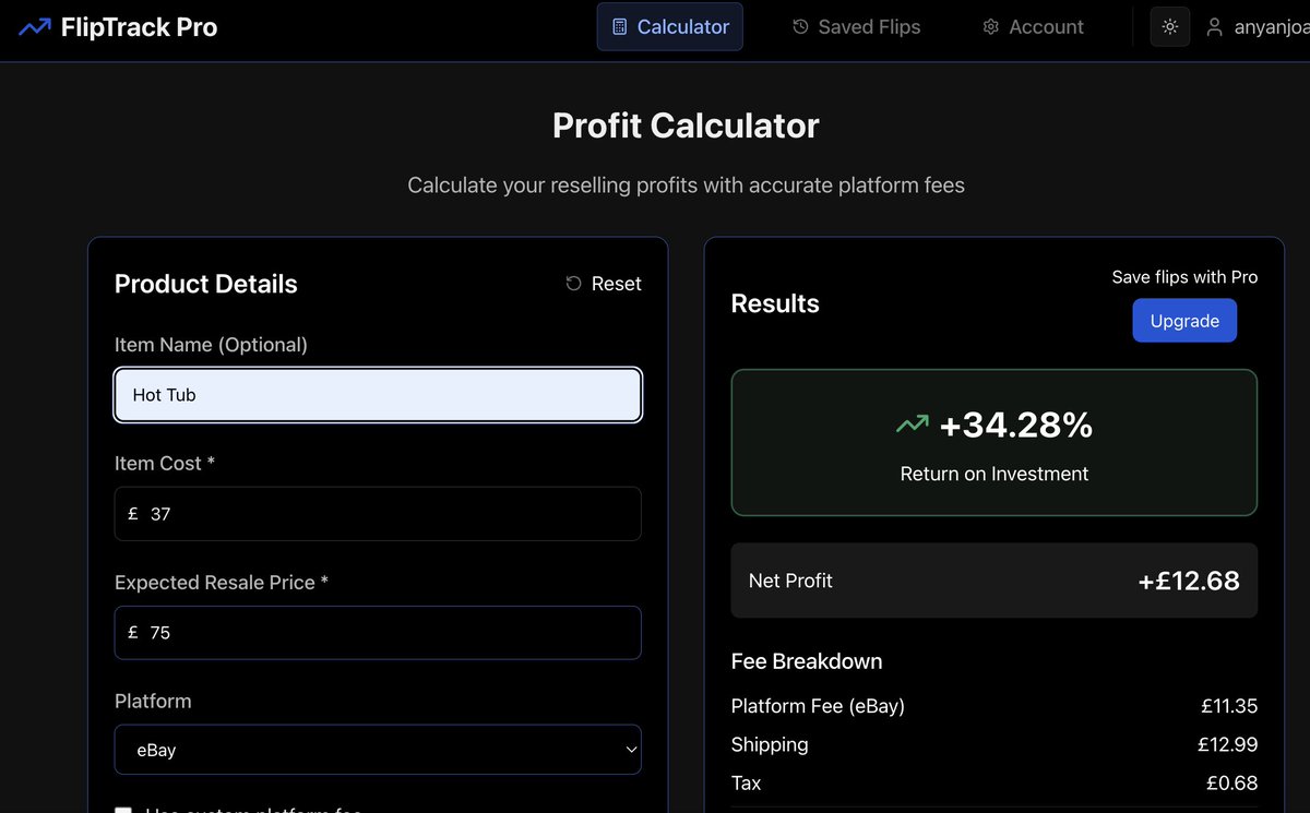 ArthurCodes__'s tweet image. Just launched FlipTrackPro on @WhopIO
Already 15 users from the marketplace discovery alone 

A simple app for sneaker &amp;amp; flipping groups to calculate real profit after fees (eBay, StockX, GOAT, etc.)

Took ~1 week to build with Whop SDK + Cursor.