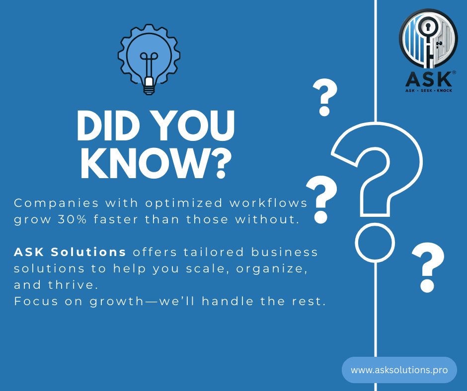 AsksolutionsInc's tweet image. 💡 Did you know?
Businesses with optimized workflows grow 30% faster than those without!
Let ASK Solutions help you streamline, scale, and succeed.
Focus on growth — we’ll handle the rest. 🚀
👉 asksolutions.pro
#ASKSolutions #BusinessGrowth #WorkflowOptimization
