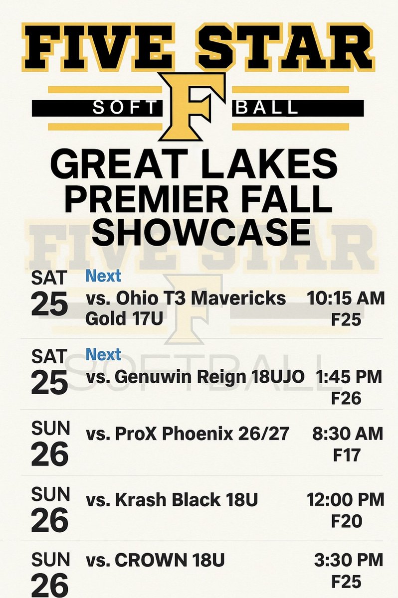 So excited to spend my last fall tournament with this team!! Come out and watch us at Grand Park Westfield, IN!! Go Five Star💛🥎🖤
