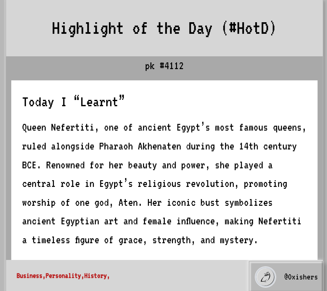 learnpool_fun's tweet image. 🦉 Highlight of the Day (#HotD) - 254

Congrats to @oxishers for winning today’s #HotD!

Is their submission verifiable?
Is it accurate?

Know something worth sharing?

Submit on the pk platform to generate a #LearnNFT on @Solana and stand a chance to earn $LEARN tokens