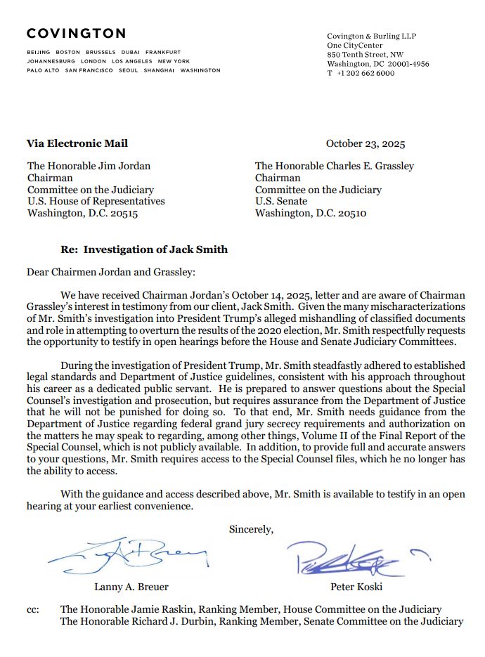 ZoeTillman's tweet image. Former Trump special counsel Jack Smith sent a letter to GOP lawmakers offering to testify in an open hearing, in response to House Judiciary request for a transcribed interview - "given the many mischaracterizations of Mr. Smith’s investigation" (reported earlier by Fox)…