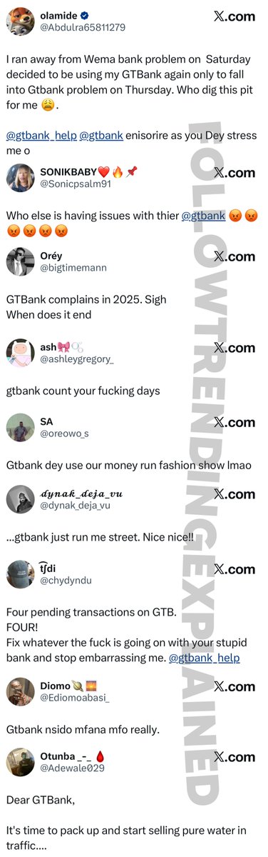 TrendingEx's tweet image. GTBank is trending because users are frustrated as they’ve been unable to complete transactions.
Failed transactions are debited, not reflecting. While successful ones are “pending” or not reflecting.
Some users can’t access the app, while those who can, can’t do anything.…