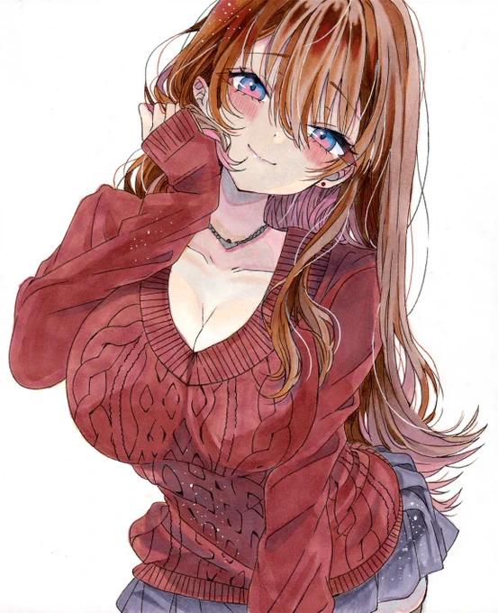 秋色ニットセーターお姉さん アナログイラスト オリジナルイラスト 色紙
