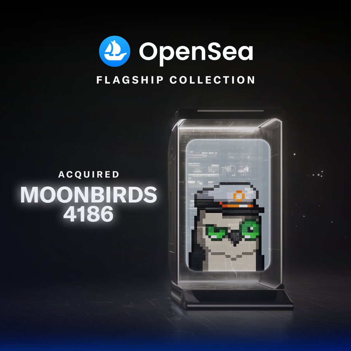opensea's tweet image. Joining OpenSea’s Flagship Collection…

@moonbirds, taking a bold new direction, preserving a brand legacy, while also entering its next chapter.

This captain-hat birb blends wisdom, resilience, and leadership.

Welcome home, Moonbird 4186.

More below.