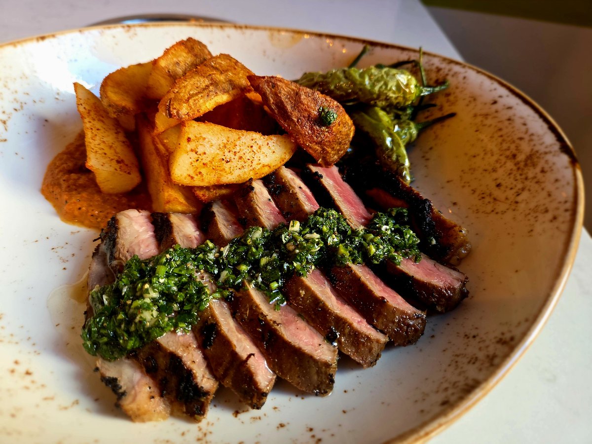 Sous vide and grilled flank steak carne asada. Traditional chimichurri, romesco potatoes, blistered Evetta Farms shishitos. Please come eat this. It'd be a shame if you didn't. Starts at 5. Come see us!!!