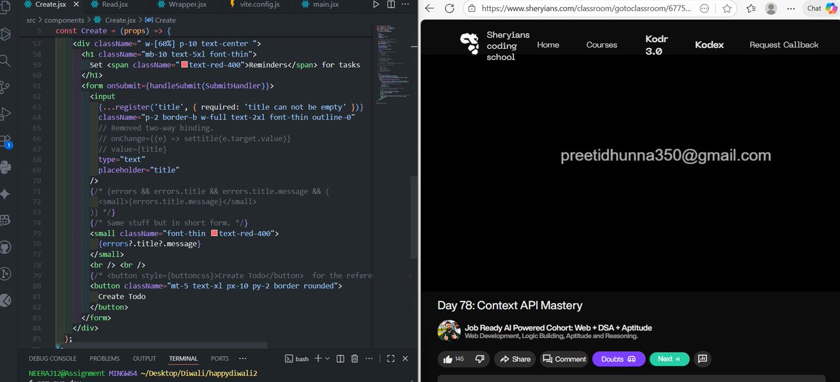 NeerajMishr12's tweet image. 🚀 Day 25/100 – React & DSA
✅ React: Hooks for validation, Toastify pop-ups, Context API overview.
✅ DSA: Only managed 30 min of the last day’s lectures today. Tomorrow will complete remaining + 2 LeetCode: Highest Altitude & Smallest Letter.
#100DaysOfCode #BuildInPublic
