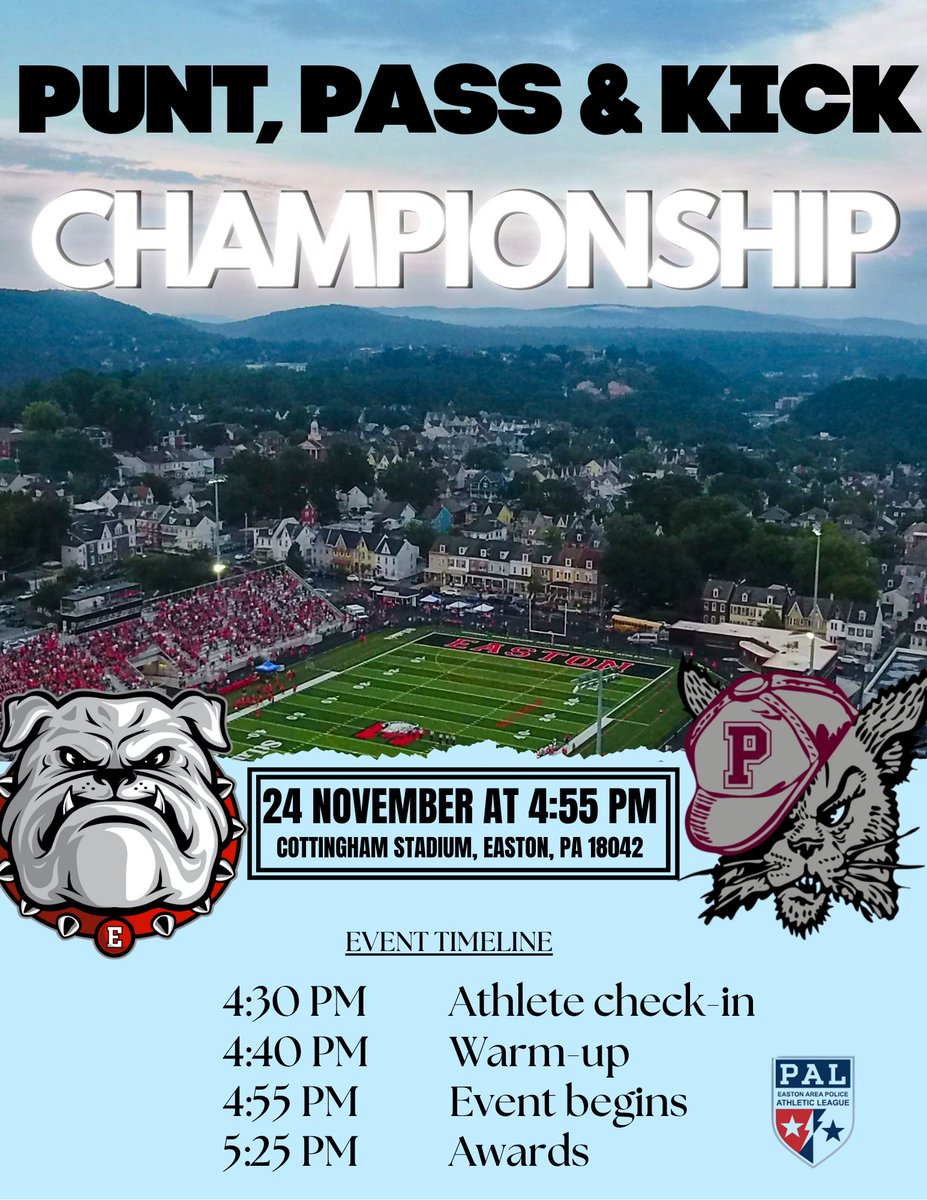 Did you know? The winners of our 11/9 Punt, Pass &amp; Kick contest go on to compete against the Phillipsburg champions. 
On Monday afternoon November 24, the students from both teams will compete at Cottingham Stadium. 
Sign up your child now: bit.ly/EastonRecBureau
Free!
