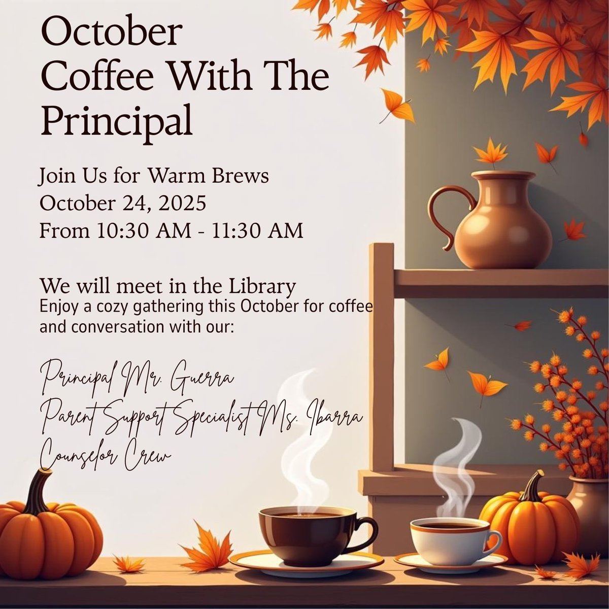 wwsamuell's tweet image. Join us tomorrow Friday, October 24th from 10:30AM-11:30AM for Coffee with the Principal. This is an opportunity to ask questions & be informed with updates.
Unirte a nosotros mañana viernes 24 de octubre de 10:30 a 11:30 a.m. para tomar un café con el director.