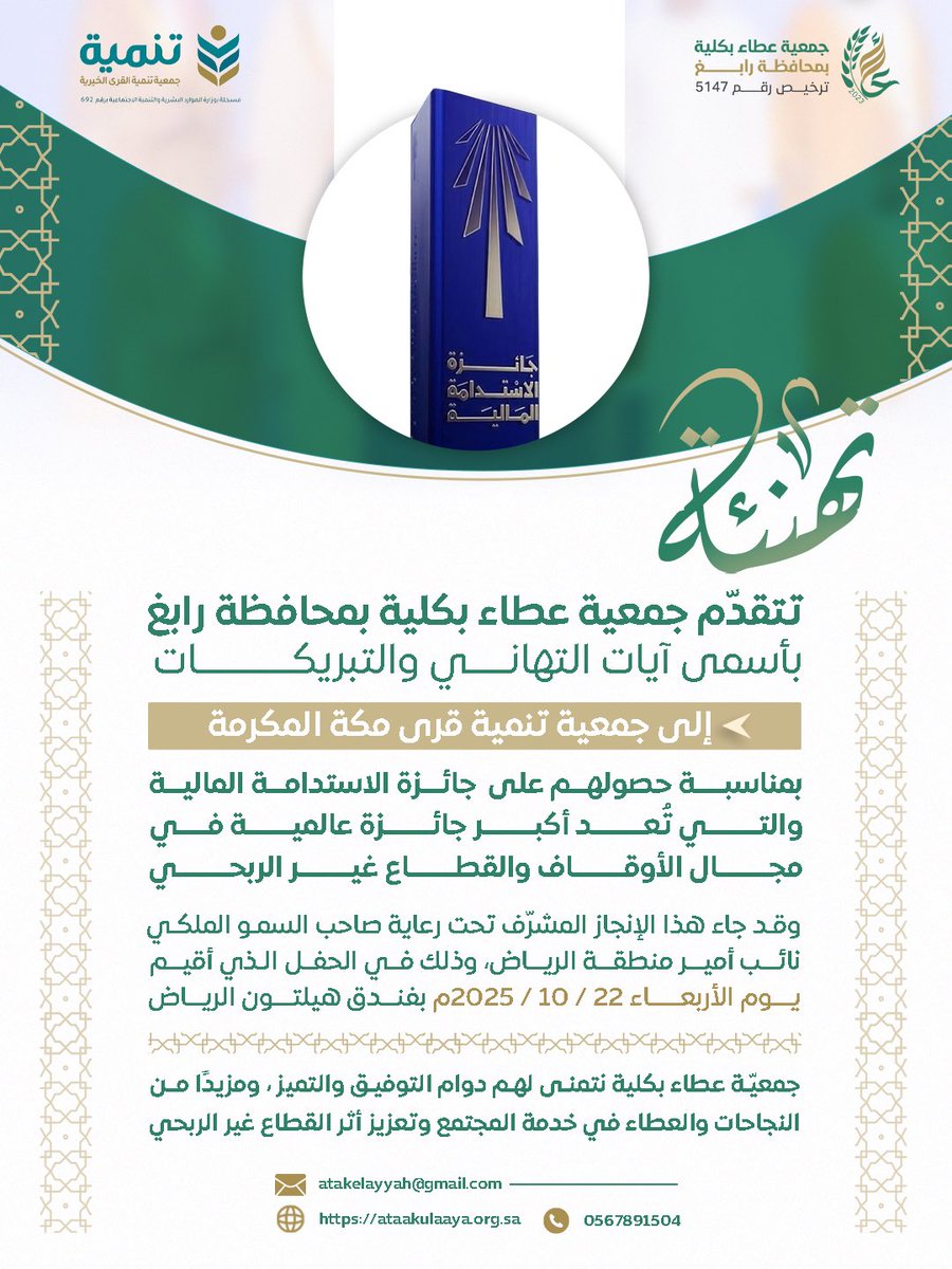 تتقدم جمعية #عطاء بكليّة بمحافظة رابغ بالتهنئة والتبريكات إلى جمعية تنمية قرى #مكة #المكرمة بمناسبة حصولها على جائزة الاستدامة المالية في مجال الأوقاف والقطاع غير الربحي.
متمنين لهم دوام التوفيق والتميز  والعطاء 🌿<a href="/TanmiaOrg/">جمعية تنمية القرى بمنطقة مكة المكرمة</a> 

#جمعية_عطاء #جمعية_تنمية_قرى_مكة