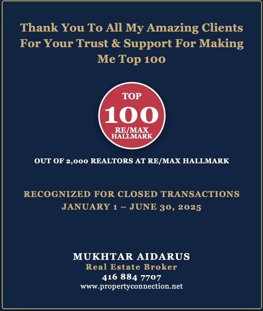 Thank You For Helping Me Achieve Top 100 At Remax Hallmark

I’m Honoured To Be Recognized Among The Top 100 Realtors At Re/Max Hallmark Out Of Over 2,000 Agents For Closed Transactions Between January 1 And June 30, 2025.

416 884 7707 
propertyconnection.net