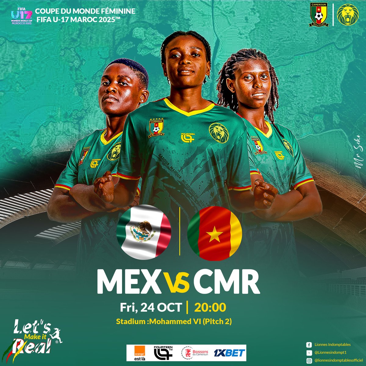 ⚽🔥 #MATCHDAY

Une dernière bataille pour faire vivre le rêve. 

Mexique 🇲🇽 🆚 🇨🇲 Cameroun

🗓️ 24 octobre 2025
⏰ 20h00
🏟️ Stade Mohammed VI (Terrain 2)
📍 Rabat – Maroc

LET’S MAKE IT REAL!

#LETSMAKEITREAL #U17FIFAWWC2025 #GOLIONESS #ALLEZLESLIONNES #LETSROARTOGETHER