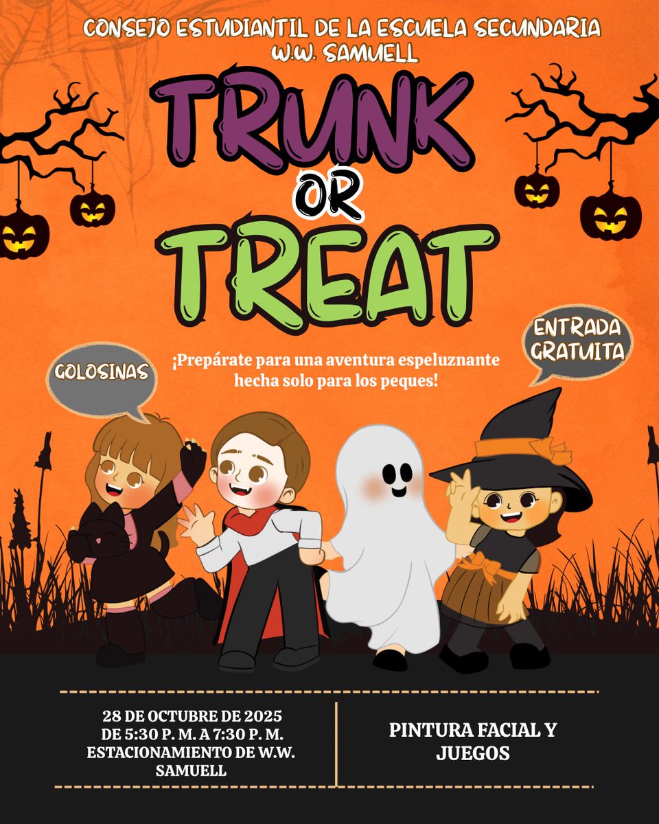 wwsamuell's tweet image. Join us on our Trunk or Treat event. It will take place in the Samuell parking lot on October 28th,5:30pm- 7:30pm. The event is free admission
Venga a nuestro evento anual "Trunk or Treat". El evento se llevará a cabo en el estacionamiento de Samuell, 28 de octubre de 5:30 a 7:30