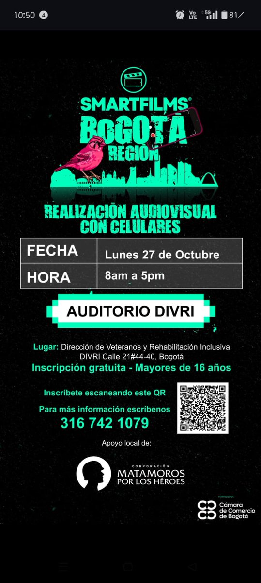 #Inmperdible Smartfilms llega de nuevo a la <a href="/divriveteranos/">Dirección de Veteranos y Rehabilitación Inclusiva</a> con el taller gratuito de realización audiovisual con celular. Veterano, no te pierdas esta oportunidad de convertirte por un día en cineasta con tu smartphone. Te esperamos este lunes. Inscríbete forms.cineconcelular.com/form/formulari…