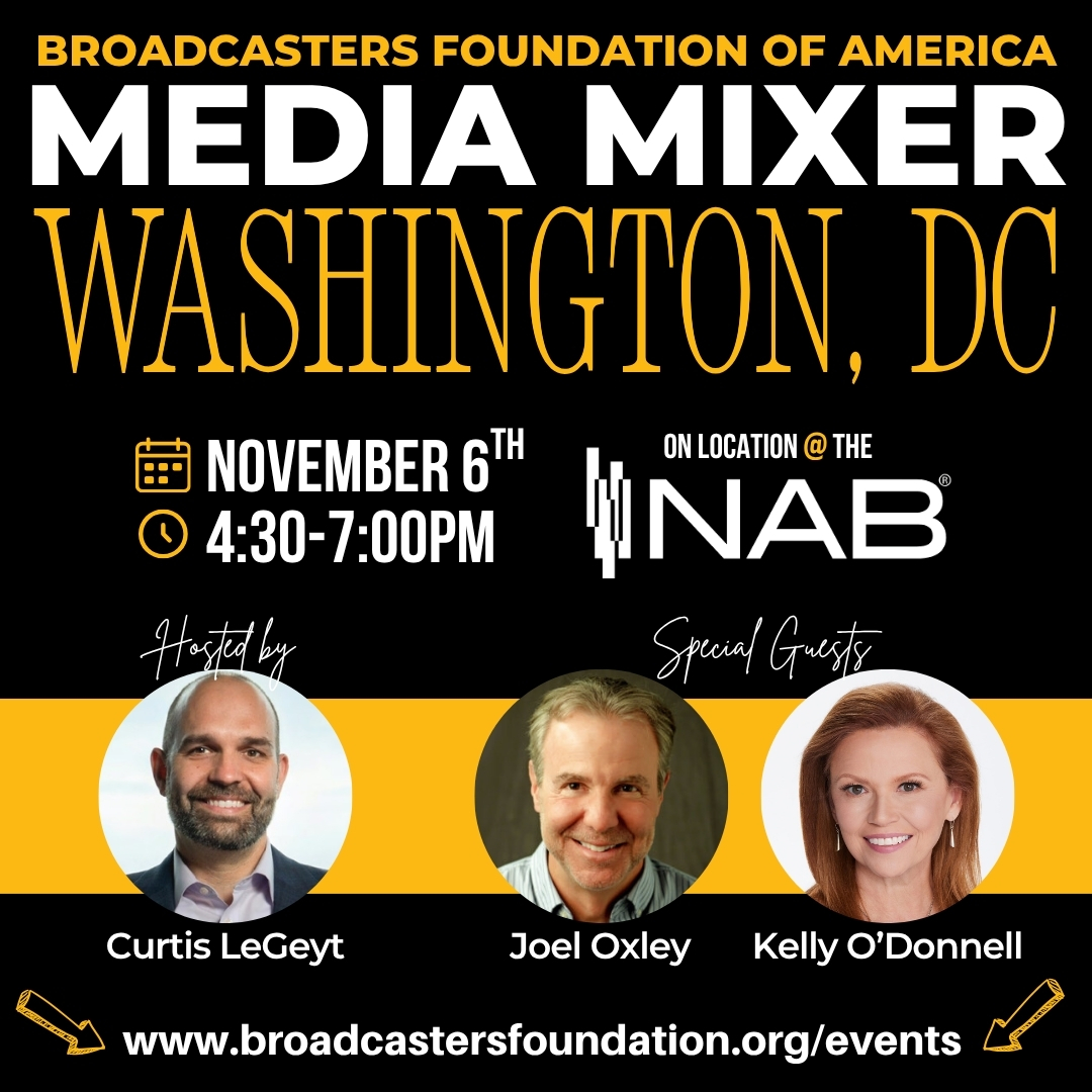 Our next #BFOAMediaMixer is 2 WEEKS away! Join us in the Washington, DC on Nov 6th to celebrate our broadcasting community. Mix &amp; mingle with peers, on-air talent, and industry executives while enjoying complimentary cocktails &amp; bites! Register at broadcastersfoundation.org/events.