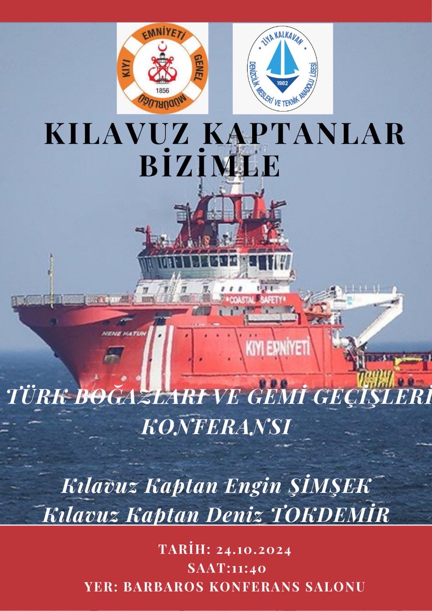 ⚓ Boğazlar ve Gemi Geçişleri Konferansı
Kıyı Emniyeti uzmanlarının katılımıyla deniz güvenliği ve boğaz trafiği üzerine okulumuzda düzenlenecek konferansa tüm öğrencilerimiz ve denizci sevdalıları davetlidir.
24/10/2025 Saat:1130
<a href="/tcmeb/">Millî Eğitim Bakanlığı</a>  <a href="/istanbul_MTE/">İstanbul Mesleki ve Teknik Eğitim</a> <a href="/MucahitYentur/">Murat Mücahit Yentür</a> <a href="/sedat_iskk/">SEDAT IŞIK</a>