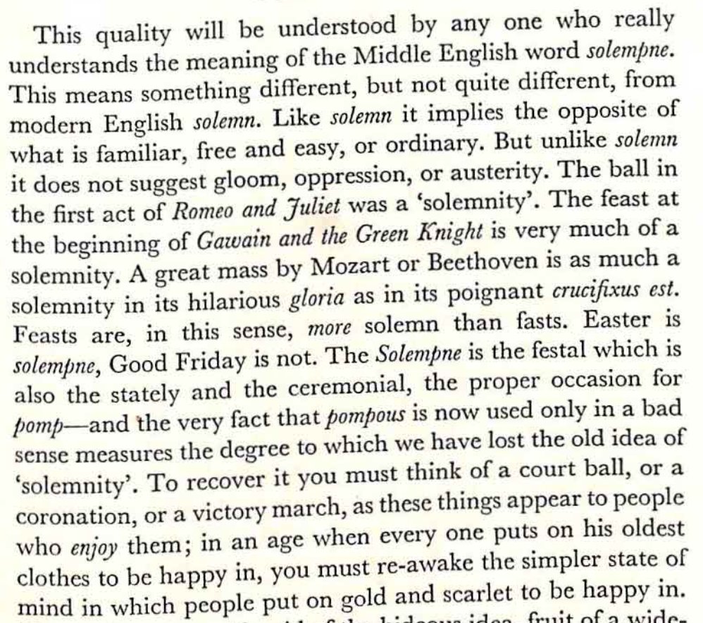 C.S. Lewis offers a subtle qualification of the meaning of "solemn" in his lectures on Milton