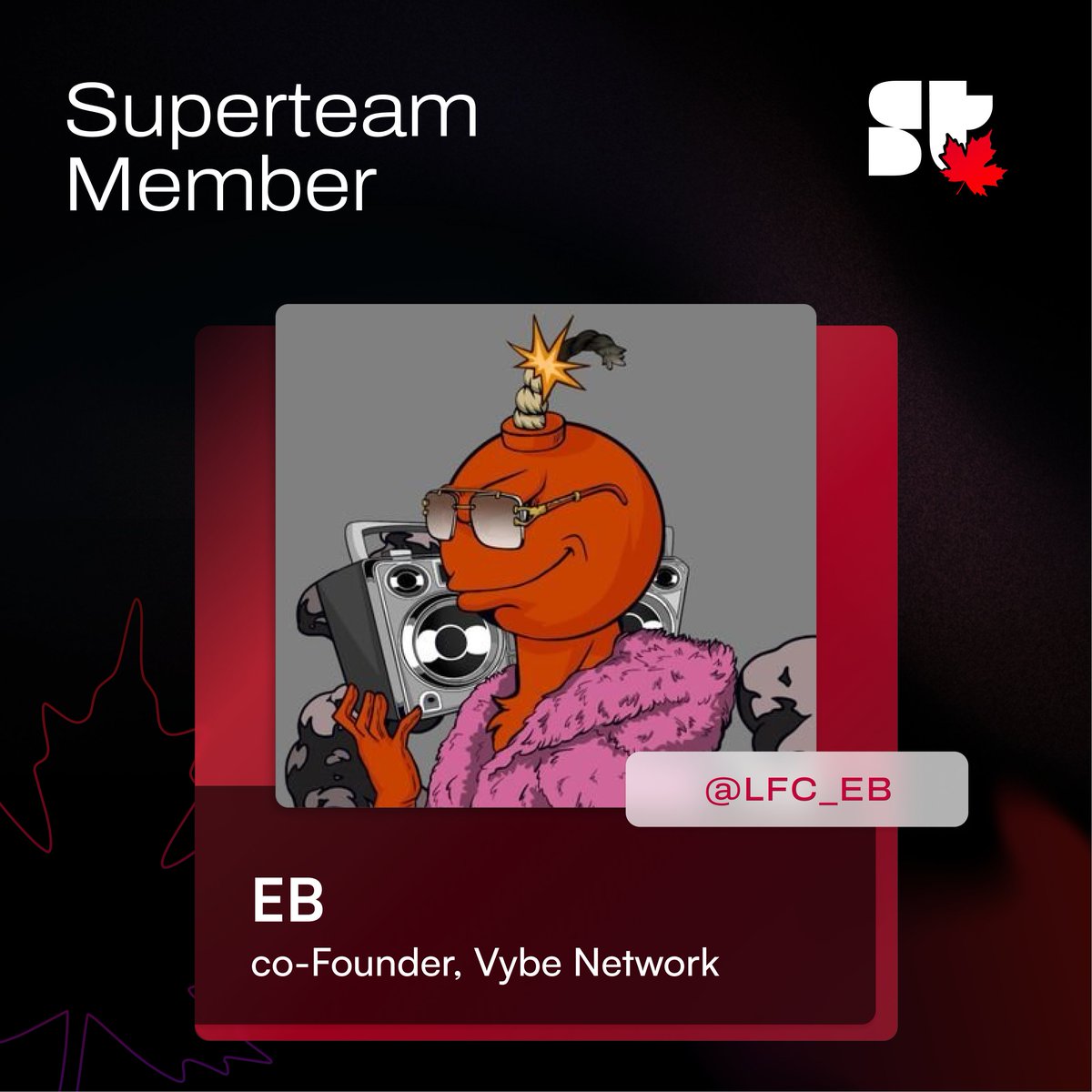 SuperteamCAN's tweet image. Welcome @LFC_EB to Superteam Canada! 🔥
Cofounder and COO of @Vybe_Network, a smart portfolio and data platform on Solana. 
Based in Vancouver, EB has a background in architecture and is a regular at our Vancouver events. Footy fan too 🙂
Glad to have you on board! 🫡