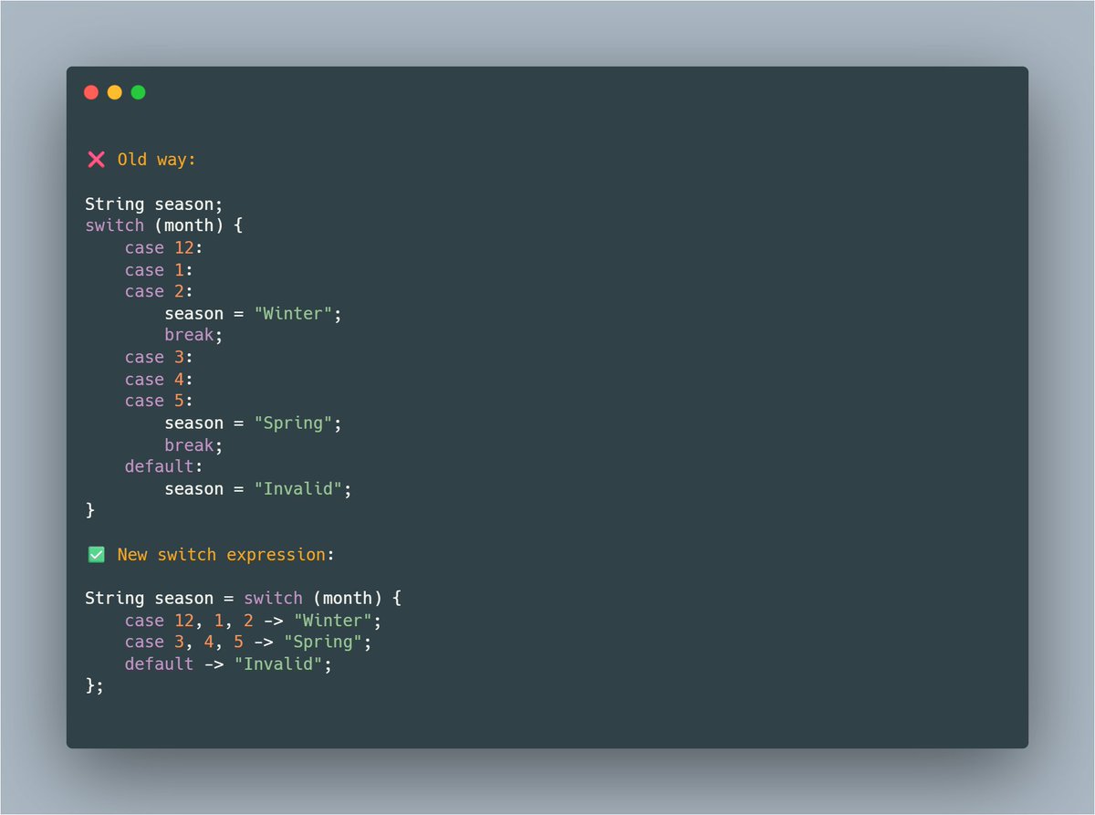 mario_casari's tweet image. 💡Java tip: Starting from Java 14 you can use switch expressions for shorter and cleaner multi-branch logic.
#Java #JavaDev