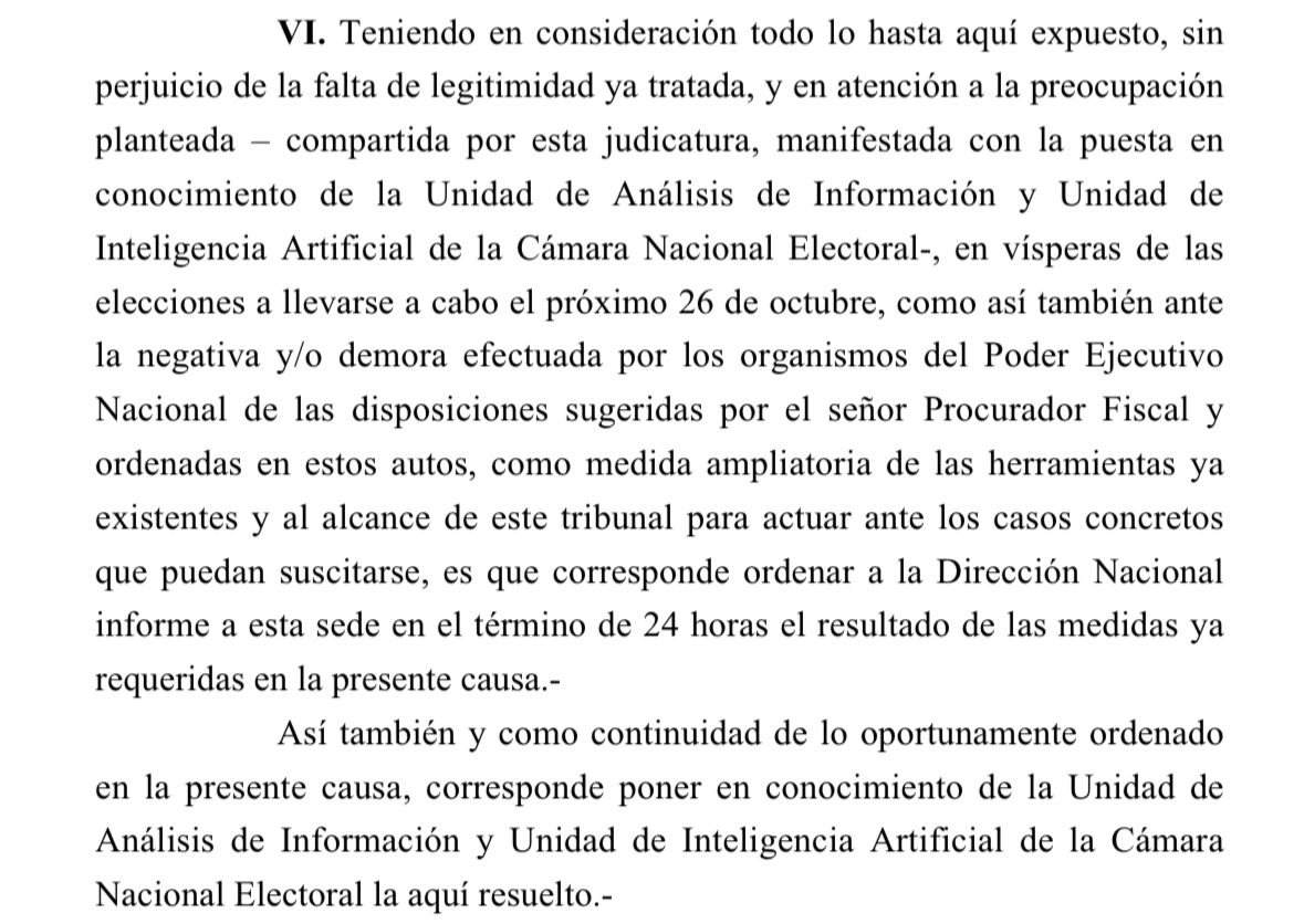 🚨#AHORA | La jueza Servini le ordenó a la Dirección Nacional Electoral (que depende del Ministerio del Interior) que informe en 24 horas el resultado de diversas medidas requeridas para evitar la difusión de DEEPFAKES o del uso no autorizado de la Inteligencia Artificial (IA)
