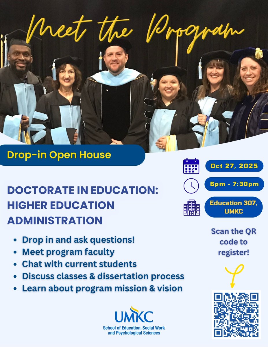 HESA_UMKC's tweet photo. Meet the program! Interested in adding a "Dr." before your name? Drop in and find out more! The Doctorate in Education: Higher Ed Admin team is eager to answer your questions. Meet the faculty, chat with students, &amp; learn all about the program! #highereducation #umkc #kansascity https://t.co/jMENnIhiXu