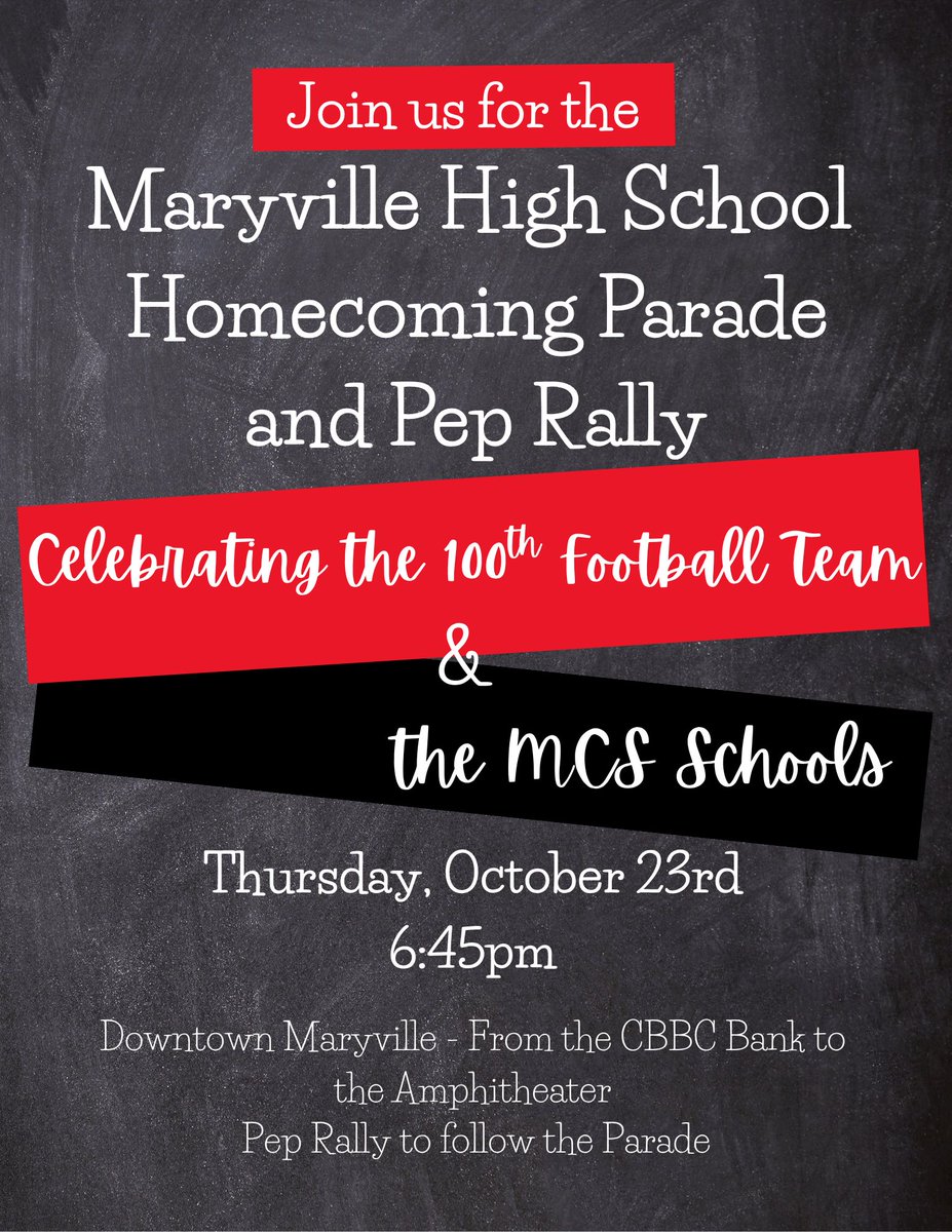Only 2 hours until parade time!  We can’t wait to celebrate 100 years of Rebel Football with you! Get ready for floats, fun, and plenty of school spirit - then join us at the amphitheater after the parade for the community pep rally! ❤️🖤 #WeAreMaryville