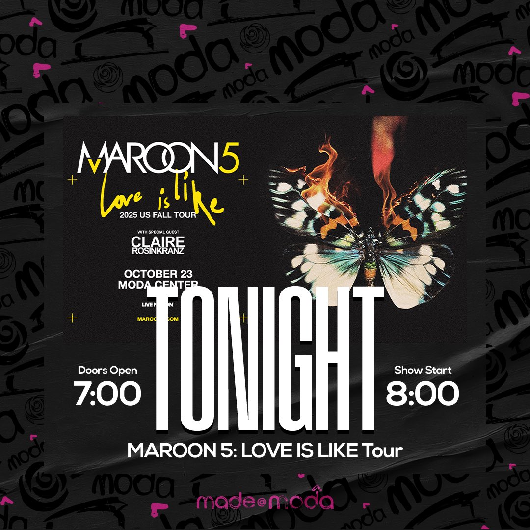 ModaCenter's tweet image. Tonight! Maroon 5 is at Moda Center! Drop a 🐆 if you’re coming tonight!
🚪: 7:00 PM
🎤: 8:00 PM
🎟️: ticketmaster.com/event/0F0062D2…
