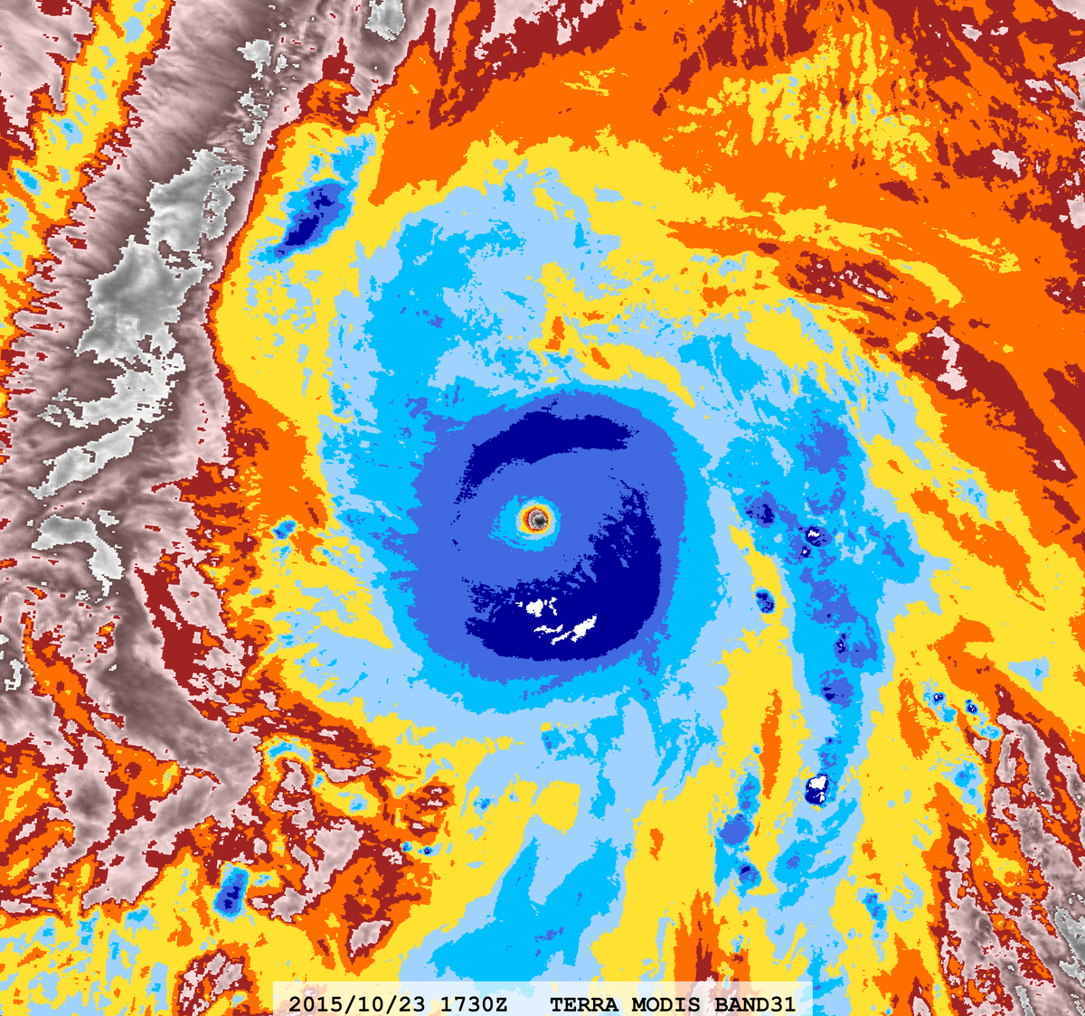 zeb199818's tweet photo. Hurricane #20L #Patricia 10-year Anniversary
Satellite: #TERRA #MODIS
Channel :
BAND-27 (6.715 µm)
BAND-31 (11.030 µm) 1-km
Time : 2015/10/23 1730Z
Eye Temp (IR) : 25.72876 °C
Eye Temp (WV) : -9.074 °C
CPA : ~310 km
Aircraft Observation :
1733Z 883mb/45kt FL 192KT https://t.co/O5KkPAgQr2