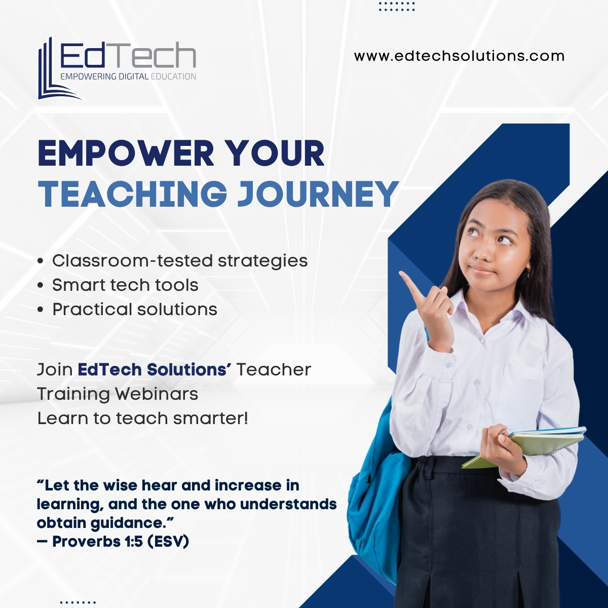 EdTech_Software's tweet image. Give instruction to a wise person and they will be still wiser; teach a righteous person and they will increase in learning.”— Proverbs 9:9 (NIV)

Join EdTech Solutions’ Teacher Training Webinars to make teaching smarter!

Explore: edtechsolutions.com

#Tech #TeacherTraining