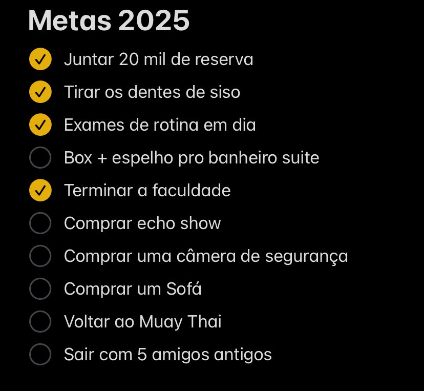 CesLaura's tweet photo. Chegando novembro e resolvi rever minha lista de meta 2025, não vai dar tempo de completar tudo mas tô feliz com ela https://t.co/JLMKK526IN