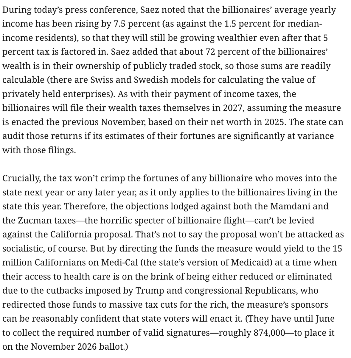 ddayen's tweet image. Some details on the California ballot measure announced today:
•1-time, 5% wealth tax on billionaires currently living in CA
•affects 200 people
•based on 2025 residency
•billionaires would still come out ahead
•covers the Medicaid gap for 5 years
prospect.org/2025/10/23/unv…