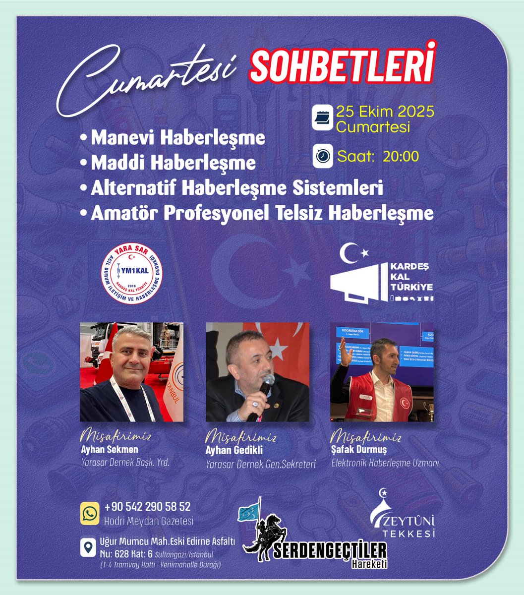 Zeytûni Tekkesi Cumartesi Sohbetlerinin bu haftaki misâfirleri; Yarasar Dernek Bşk Ayhan Sekmen, Yarasar Dernek Gen.Sekreteri Ayhan Gedikli, Elektronik Haberleşme Uzmanı Şafak Durmuş Begler olacak inşaallah.

* Manevi Haberleşme 
* Maddi Haberleşme 
* Alternatif Haberleşme