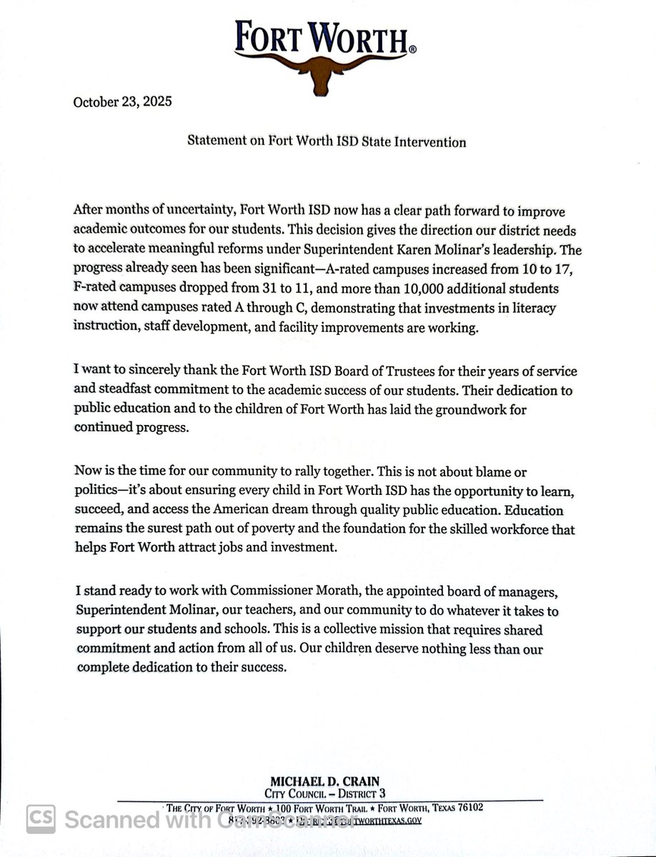 michaeldcrain's tweet image. After months of uncertainty, @FortWorthISD has a clear path to strengthen student outcomes. Under Supt. Karen Molinar’s leadership, A-rated campuses grew from 10 to 17, and F-rated campuses dropped from 31 to 11.

Grateful to the FWISD Board for their service and commitment to…