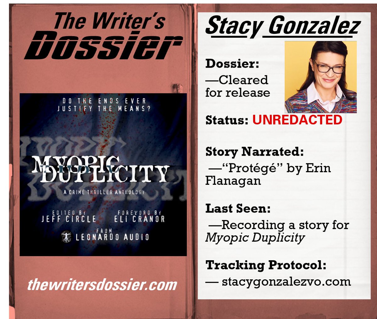 The story "Protégé" by Erin Flanagan will keep you following every word. Especially with Stacy Gonzalez at the microphone. Well done! <a href="/LeonardoAudio/">Leonardo Audio</a> 

Grab MYOPIC DUPLICITY at leonardoaudio.com 
Learn more about Stacy at thewritersdossier.com