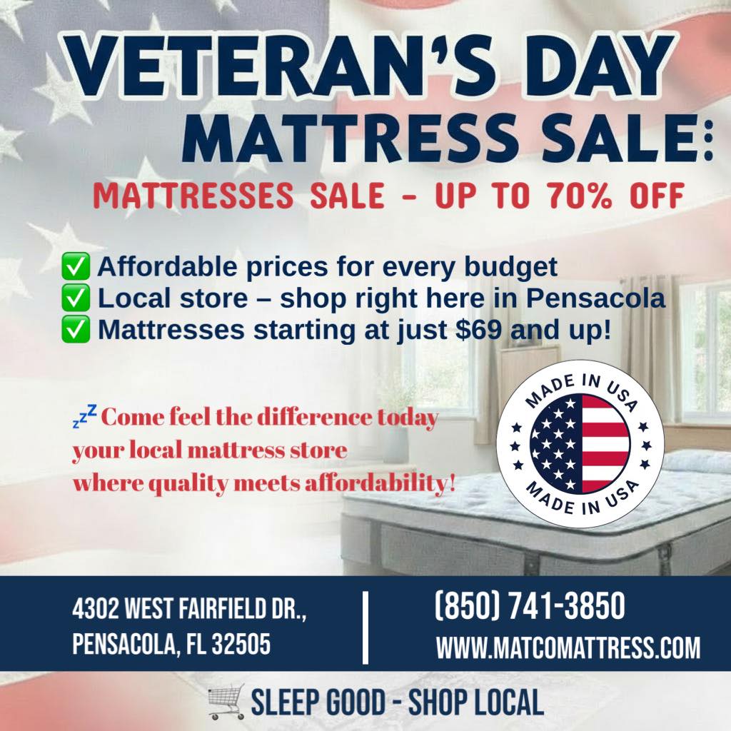 MatcoMattress's tweet photo. These Veterans Day mattress deals won’t last long. Shop online or visit our store to experience the comfort for yourself. Sale ends Monday, November 11, 2025, so don’t miss your chance to save big on better sleep.
https://t.co/ekoGFhHbcq https://t.co/oAUsMfE7bA