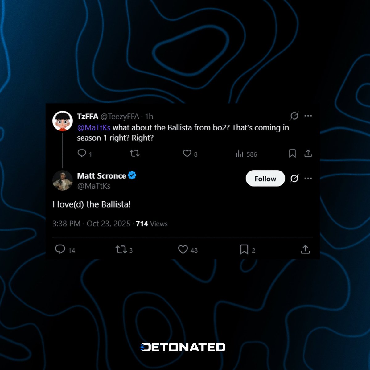 DETONATEDcom's tweet image. Treyarch potentially TEASES the ‘Ballista’ (BO2) RETURNING during #BlackOps7 👀🔥

💥 “I love(d) the Ballista!”