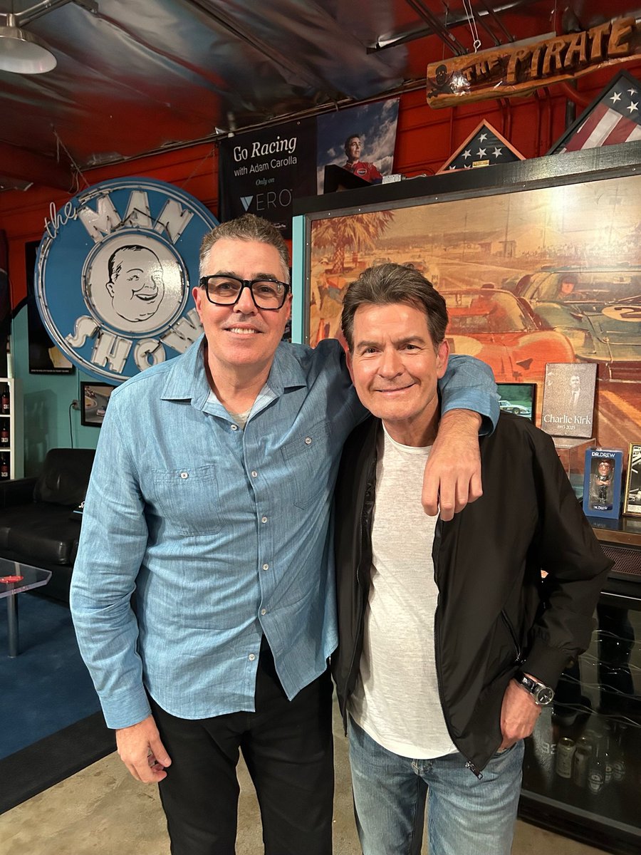 adamcarolla's tweet photo. Charlie Sheen in the @AdamCarollaShow studio today! 🎉

You’re not going to want to miss this one @charliesheen 🏆 https://t.co/uzHkDYzsWf