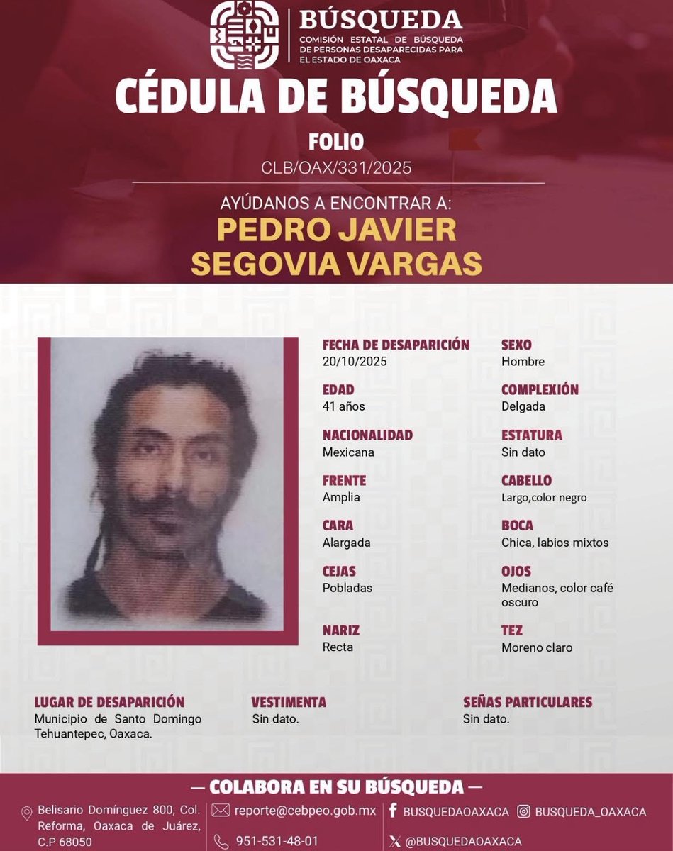 No tengo el gusto de conocer personalmente a #IkuSegovia, pero si hemos coincidido en varias actividades culturales o por las calles de #Cuernavaca. Pedro Javier Segovia Vargas desapareció el pasado lunes 20 de octubre en Santo Domingo Tehuantepec, en #Oaxaca…